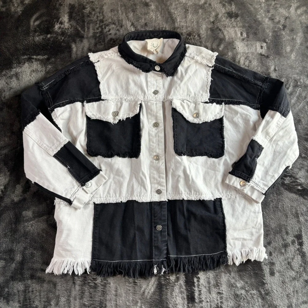 Black White‎ Fringed Patchwork Denim Grunge Jacket Raw Hem Shacket Size M